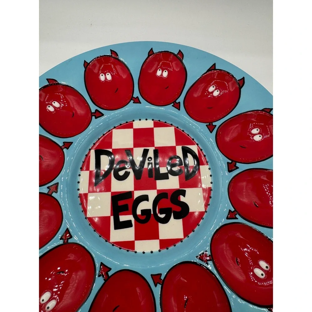 Our Name is Mud Lorrie Veasey Deviled Egg Platter Ceramic Serving Tray Blue Red